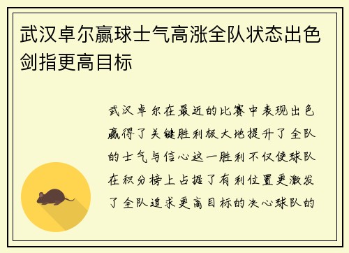 武汉卓尔赢球士气高涨全队状态出色剑指更高目标