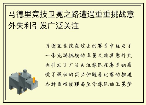 马德里竞技卫冕之路遭遇重重挑战意外失利引发广泛关注