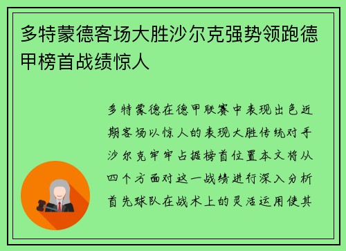 多特蒙德客场大胜沙尔克强势领跑德甲榜首战绩惊人