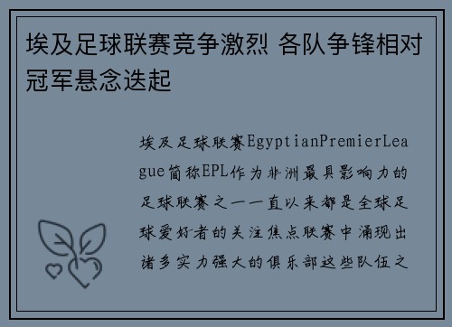 埃及足球联赛竞争激烈 各队争锋相对冠军悬念迭起