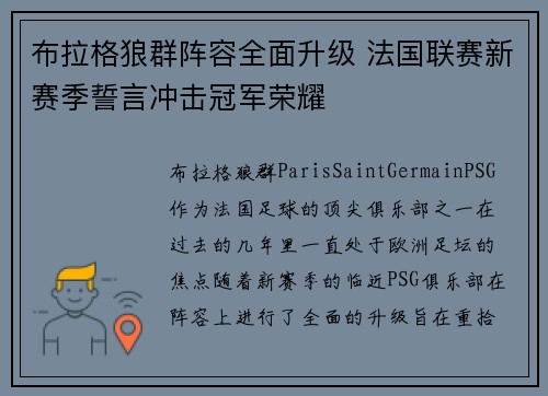 布拉格狼群阵容全面升级 法国联赛新赛季誓言冲击冠军荣耀