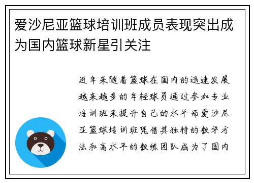 爱沙尼亚篮球培训班成员表现突出成为国内篮球新星引关注