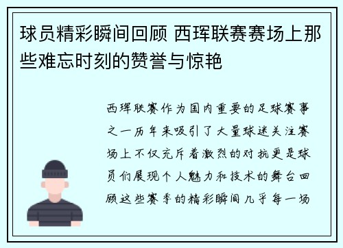 球员精彩瞬间回顾 西珲联赛赛场上那些难忘时刻的赞誉与惊艳