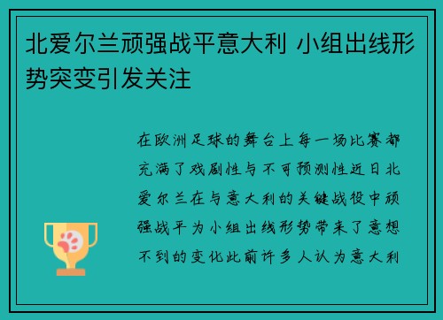 北爱尔兰顽强战平意大利 小组出线形势突变引发关注