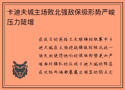 卡迪夫城主场败北强敌保级形势严峻压力陡增