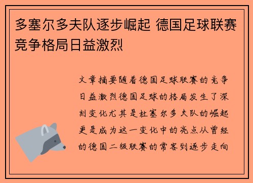 多塞尔多夫队逐步崛起 德国足球联赛竞争格局日益激烈