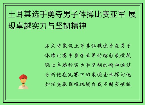 土耳其选手勇夺男子体操比赛亚军 展现卓越实力与坚韧精神