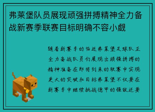 弗莱堡队员展现顽强拼搏精神全力备战新赛季联赛目标明确不容小觑