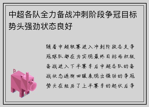 中超各队全力备战冲刺阶段争冠目标势头强劲状态良好