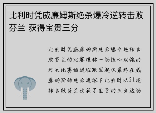 比利时凭威廉姆斯绝杀爆冷逆转击败芬兰 获得宝贵三分