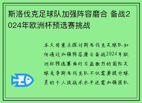 斯洛伐克足球队加强阵容磨合 备战2024年欧洲杯预选赛挑战