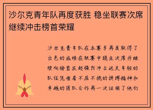沙尔克青年队再度获胜 稳坐联赛次席继续冲击榜首荣耀